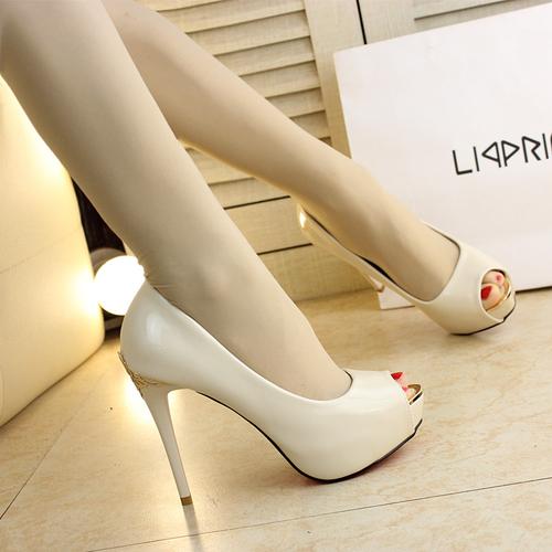 11cm性感漆皮超高跟鱼嘴鞋细跟红色婚鞋防水台黑高跟鞋杏单鞋女鞋