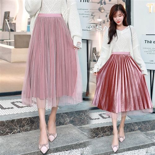 2020春秋冬季韩版金丝绒网纱两面穿半身裙百褶a字裙橡筋高腰女