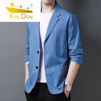 纯棉西装外套春秋薄款韩版修身小西服商务休闲纯色单西上衣潮 蓝色
