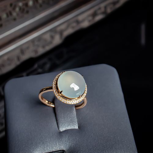 缅甸天然翡翠a货冰种18k金镶嵌女款戒指 老坑冰透戒面玉翡翠女戒