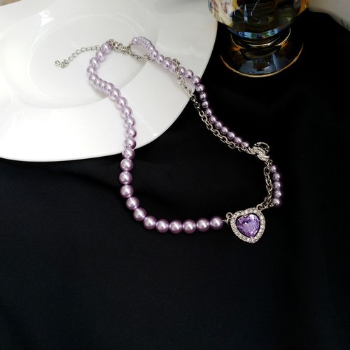 韩国优雅紫色珍珠项链女夏设计感颈链气质爱心镶钻淑女锁骨链3730