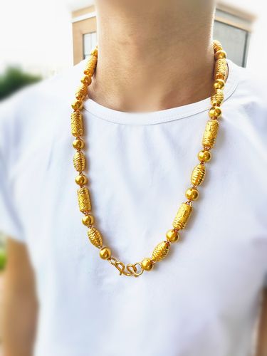 黄金9999包纯银男士金项链霸气显粗磨砂桶珠送爸爸送