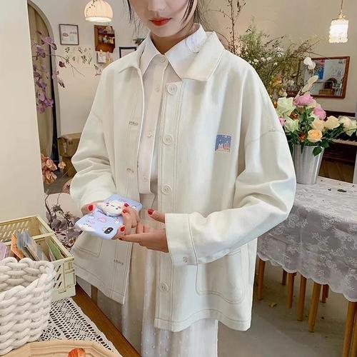 女春秋新款奶油杏印花韩版宽松学院风外套女职业工装女外套 奶杏色 m