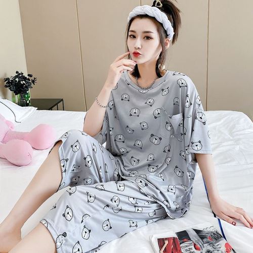 大码睡衣女200斤胖子夏装300胖mm宽松薄款牛奶丝七分裤居家服套装
