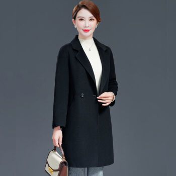 双面呢大衣双面羊绒羊毛新款秋冬中年女士双面羊毛中长款外套 黑色