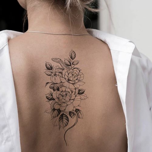 花臂少女 z52 日系黑白浮世绘后背花朵蟒蛇叶子纹身贴 满2张包邮