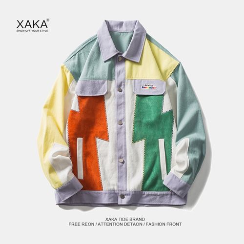 xaka小众设计 麂皮绒美式翻领外套男春季情侣拼色上衣夹克潮流ins