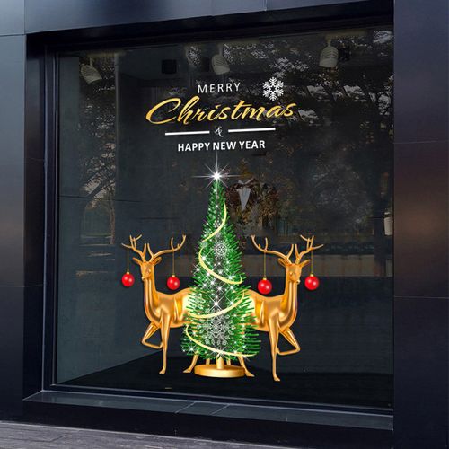 金鹿雪松静电贴纸圣诞节服装店橱窗陈列装饰贴膜酒店咖啡店铺布置