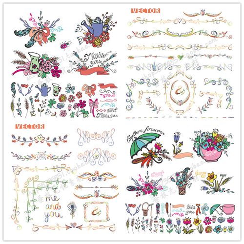 a2030矢量卡通简笔画风格蜡笔画风格花朵丝带羽毛花纹