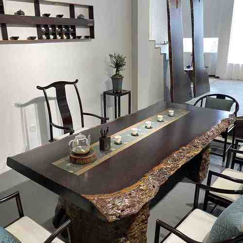 黑檀木茶桌大板桌新中式桌椅组合办公桌原木实木餐桌茶台整块家具