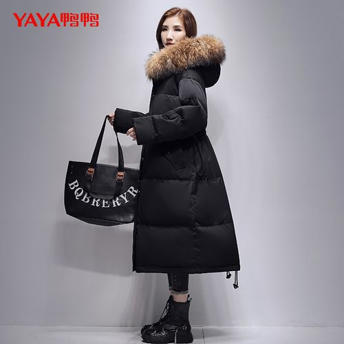 鸭鸭羽绒服女长款过膝2021年冬季新款连帽收腰显瘦时尚百搭外套丫丫