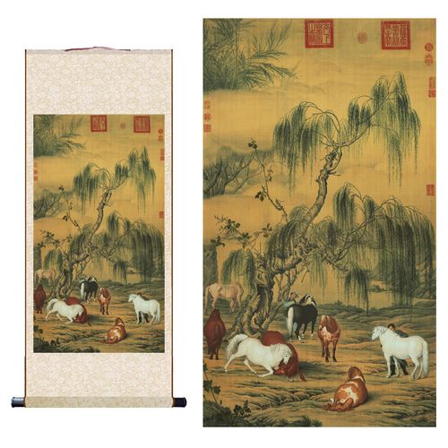 郎世宁八骏图挂轴卷轴画名画真迹高清复制品清新中式玄关装饰挂画