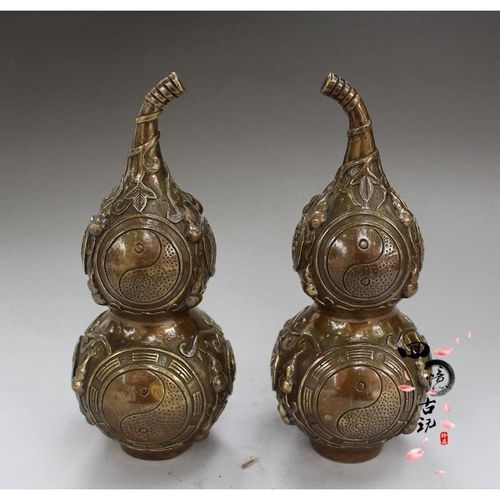 古玩铜器 珍品八卦镇宅之宝纯铜葫芦 风水工艺摆件一对装饰博物馆