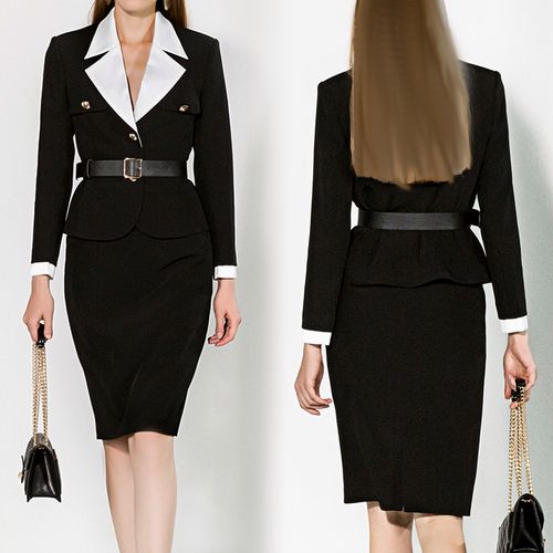 春季纯色大翻领束腰小西装外套修身半身裙两件套装女装(配腰带)