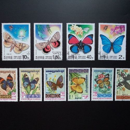 2002朝鲜大型蝴蝶昆虫盖销邮票 1983柬埔寨蝴蝶花卉盖销邮票
