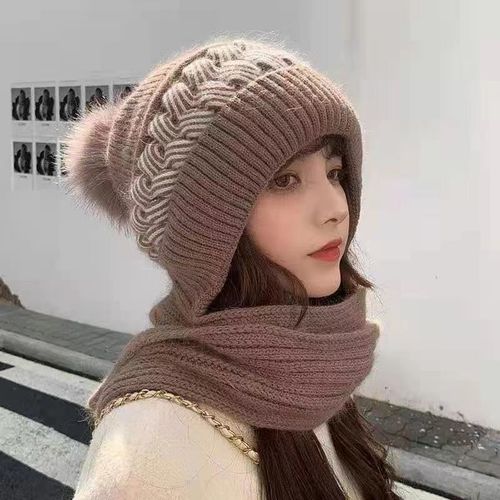 帽子女冬季骑行防寒保暖帽子围脖一体加绒护耳百搭毛线帽针织围巾