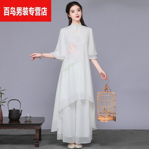 【禅茶服茶艺服装女】中国风唐装套装茶服文艺复古雪纺连衣裙禅服女