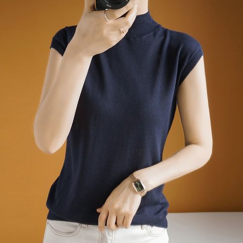 桑蚕丝ins新款半高领无袖气质上衣宽松针织休闲天丝短袖t恤女韩版