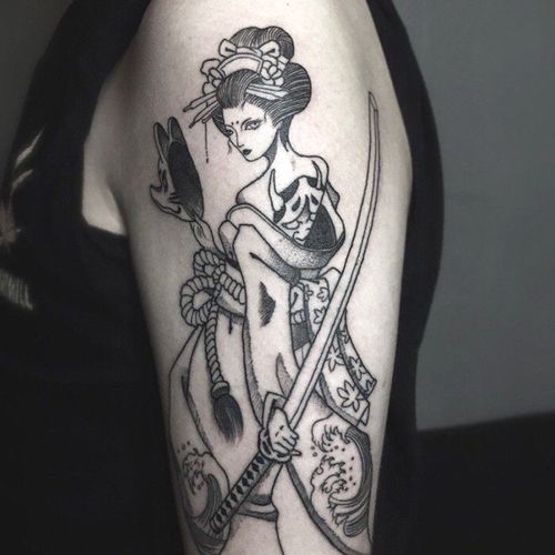 日系艺妓黑白花臂狐狸面具纹身贴防水女持久仿真ins风