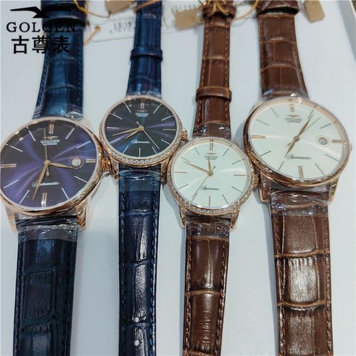 新款golgen古尊皮带机械表情侣对表商务简约防水男表日历女表6163