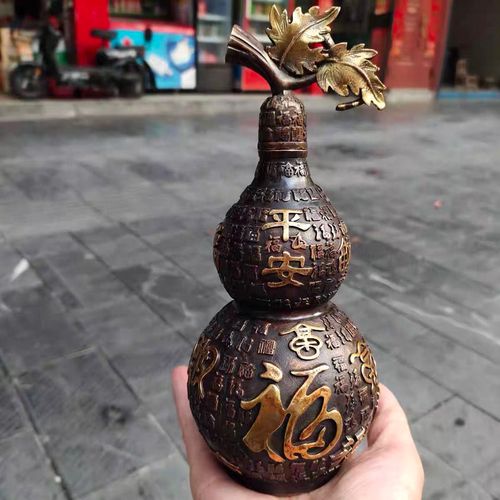 古玩铜器收藏纯铜鎏金四季平安葫芦八宝招财葫芦福寿葫芦家居摆件