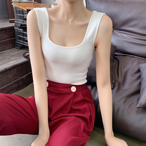 chic方领低胸无袖露肩针织背心女夏冰丝工字背锁骨低胸吊带上衣薄