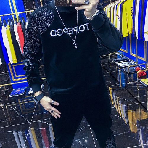 peimeng 香港潮牌欧洲站男装男士金丝绒卫衣休闲套装潮流帅气加绒厚