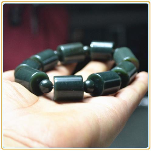 和田玉青玉手链 岫玉深绿老玉手链 圆柱形佛珠手链老玉手链