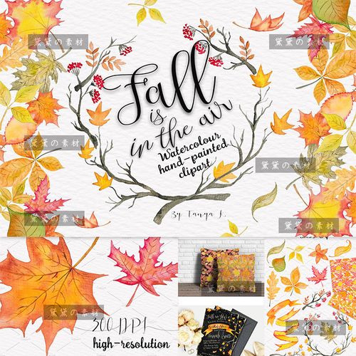 ps乡村水彩手绘秋天黄色落叶枫叶png免扣图片设计婚礼装饰素材