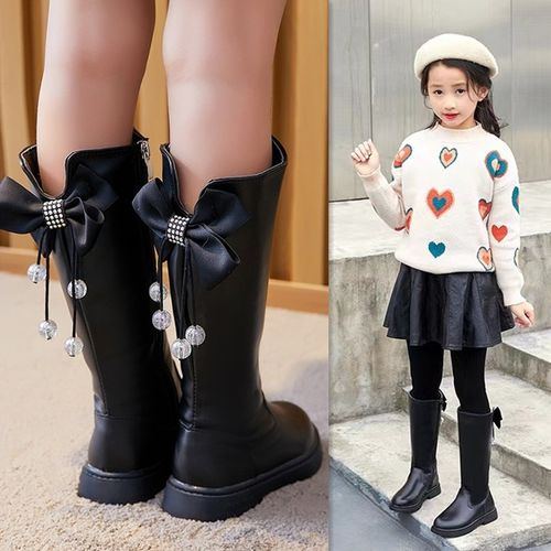 女童高帮靴2021冬季新款小女孩过膝靴子加绒公主风蝴蝶结儿童长靴