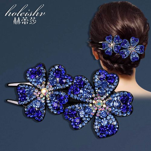 韩国发夹女夏后脑勺大号鸭嘴夹网红款气质双花带钻盘发抓发夹网红2021