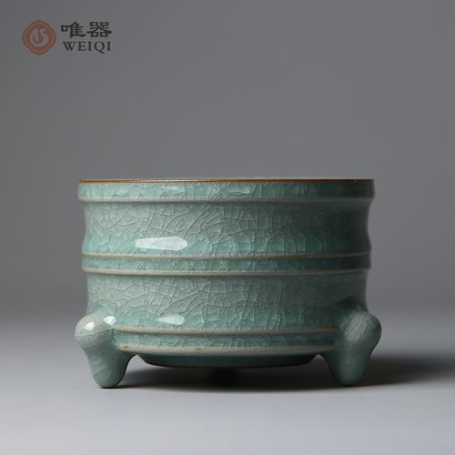 唯器龙泉青瓷大师叶小春作品 冰裂纹三足炉 线香炉 香插 摆件收藏