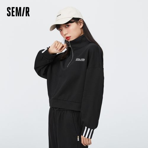 森马卫衣女polo拉链3d立体印花运动条纹2020冬新款落肩短款长袖 黑色