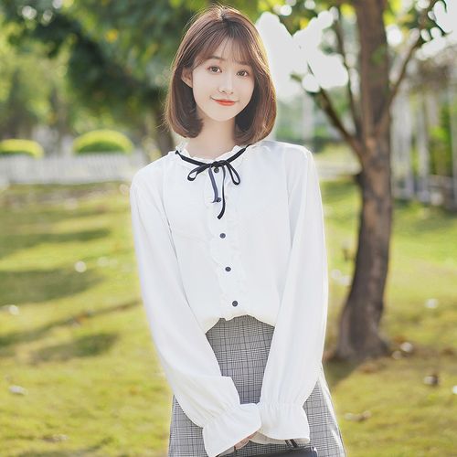 俞兆林2021新款日系小清新白衬衫女长袖学生打底蝴蝶结洋气春秋冬季