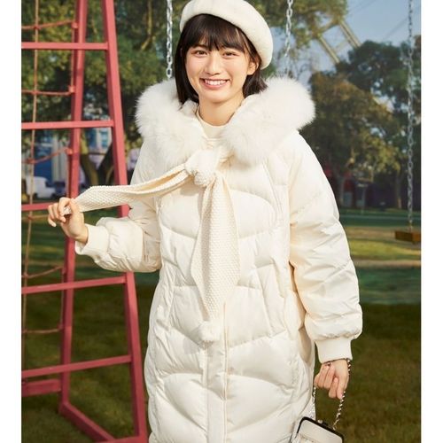 紫涵21年冬季新品女纯色连帽大毛领长款羽绒服波浪压线(代购)