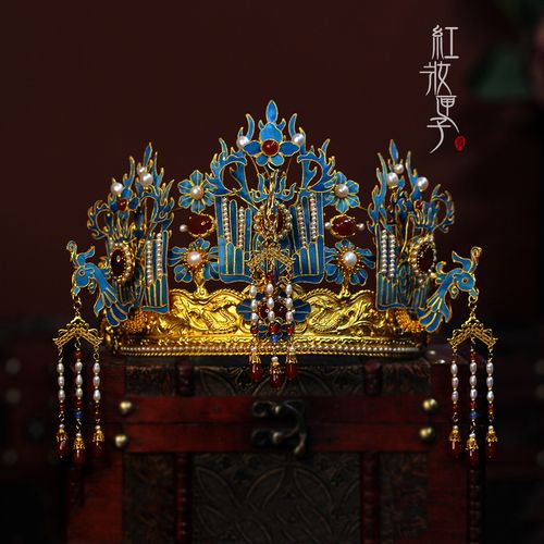 红妆匣子原创-凤求凰-仿点翠凤冠流苏发冠汉服配饰中式新娘头饰