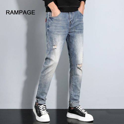 rampage春夏季男式怀旧弹力青毛边修身小脚裤破洞个性牛仔裤男 浅