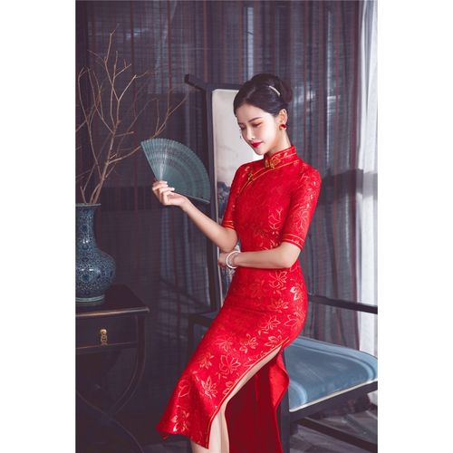 2021春秋旗袍女新款镂空蕾丝性感旗袍礼服旗袍苏州礼服