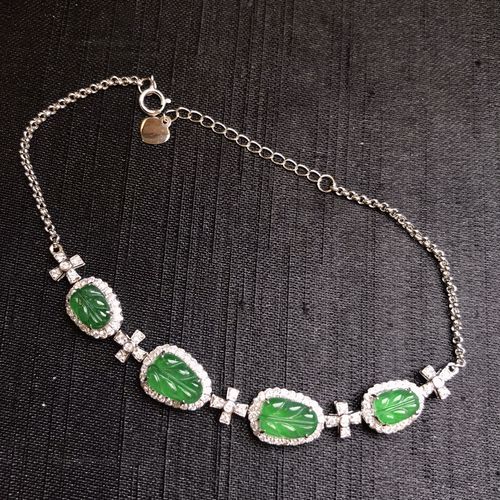 实拍18k金豪华镶嵌满钻翡翠a货树叶手链支持复检