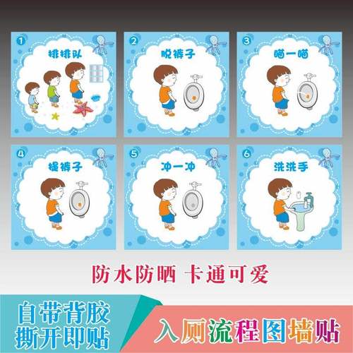 卫生间卡通贴纸幼儿园入厕步骤图墙贴上厕所如厕流程