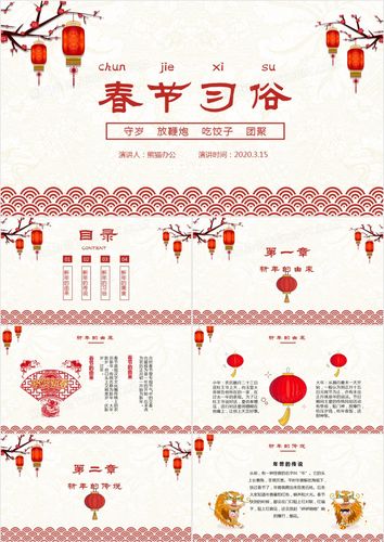 新年红喜庆中国风农历春节习俗介绍ppt模板