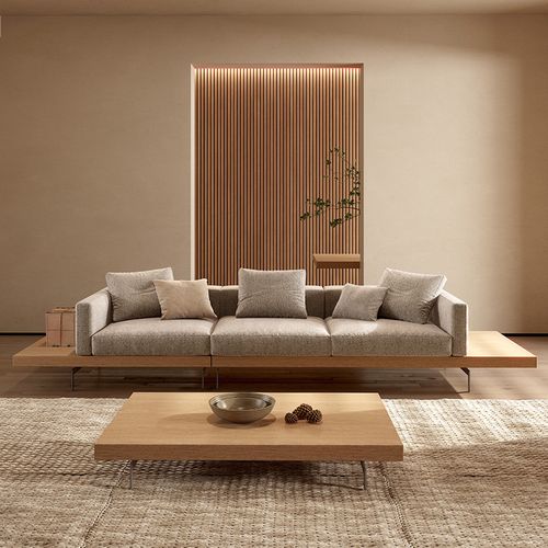 纳威日式侘寂风布艺沙发小户型直排三人位奶油原木色风格佛山家具