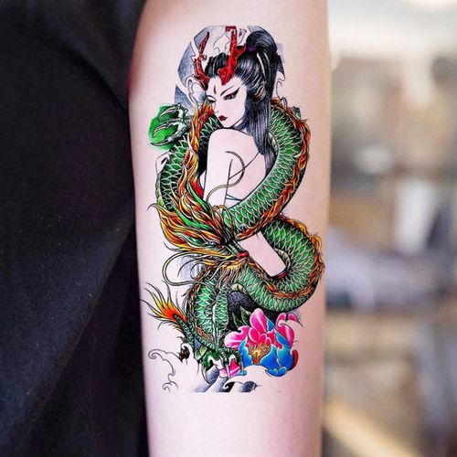 妙微熊刹车印龙女纹身贴花臂小腿青龙虞姬艺彩色性感美女仿真防水 一