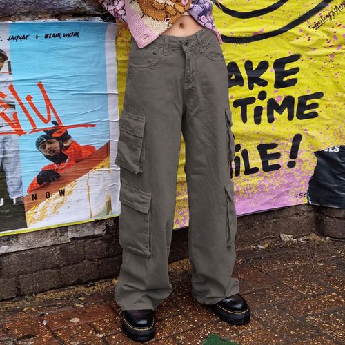 fabgirls# 西海岸儿工装口袋拼接低腰牛仔裤 辣妹复古直筒长裤