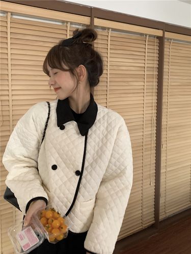 大码胖妹妹洋气小香风菱格棉服女秋冬新款设计感小众短款棉衣外套
