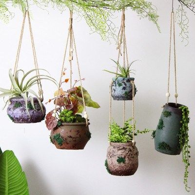 []悬挂花盆手工做旧复古陶罐吊兰盆田园干苔藓吊挂粗