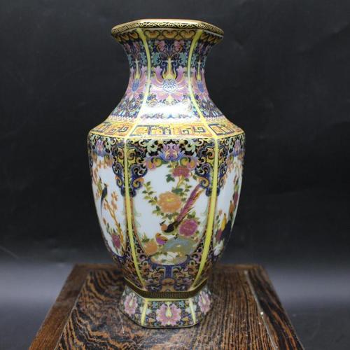 清雍正珐琅彩描金花鸟六方花瓶 家居摆件仿古瓷器收藏 古董古玩