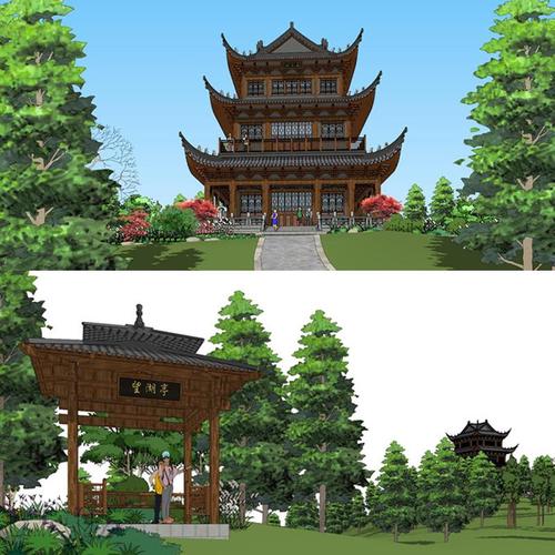 新中式旅游景区景点公园斗拱木结构古建筑楼阁凉亭景观亭su模型