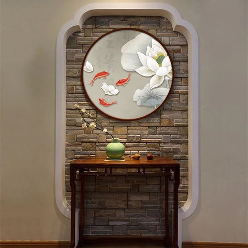 玄关装饰画圆形九鱼图挂画中式客厅餐厅过道入户进门锦鲤荷花壁画
