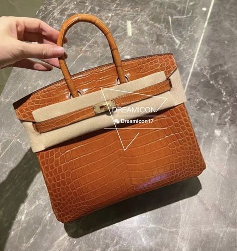 dreamicon定制纯手工蜡线缝制亮面37金棕金扣鳄鱼皮birkin25包包